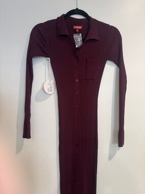 STAUD Ribbed Button-Front Midi Dress - Deep Burgundy